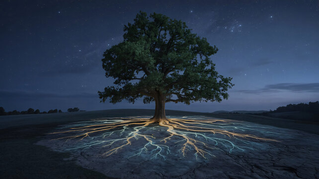 Majestic oak tree with illuminated root system represents life's interconnectedness.