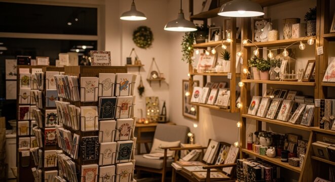 Cozy Interior of a Boutique Gift Shop with Warm Lighting and Various Products on Display.