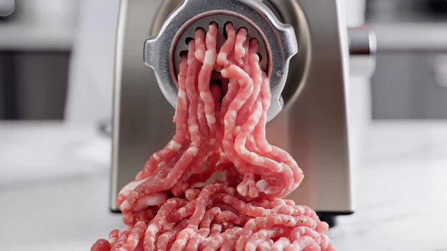 Closeup of fresh ground meat being processed by a meat grinder.