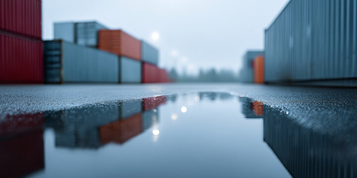 Shipping containers reflected in water puddle