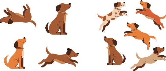 Cute dog cartoon characters vector set with different poses running jumping and sitting playful pet collection for animal design and kids illustrations © MdNazmul