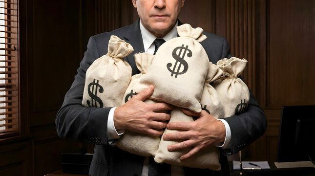 Greedy businessman in a suit holding several large money bags with dollar signs