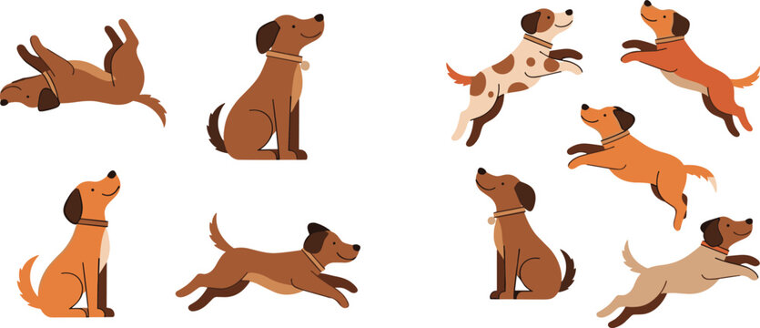 Cute dog cartoon characters vector set with different poses running jumping and sitting playful pet collection for animal design and kids illustrations
