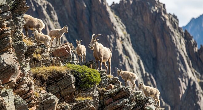 Large group of agile ibex confidently ascends an extremely steep, jagged rocky mountain face, showcasing their incredible climbing prowess.