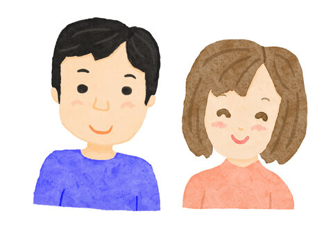白バックにピンク色の服を着た女性と青い服を着た男性の上半身イラスト