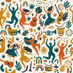 Obraz premium Mid-century modern pattern featuring dancing people and musical instruments