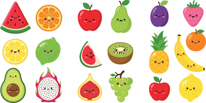 Cute kawaii fruit collection vector set with smiling faces colorful fresh fruits illustration isolated on white background for kids design