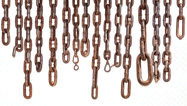 Close-up of various rusty metal chains hanging against white background.