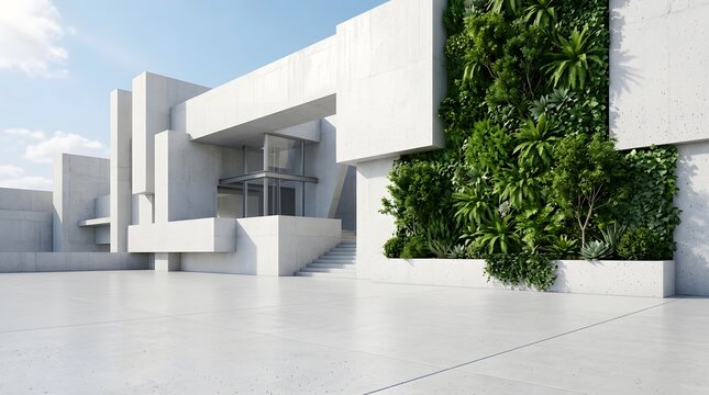 Abstract architecture background, White Concrete Wall With Vertical Tree Garden on empty concrete floor, Modern Exterior With Block Shape, Scene for car presentation