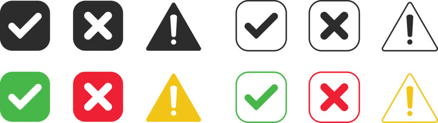 Fototapeta premium Checkmark Exclamation and Cross Icon Set. Status Indicator Symbols. Tick mark and alert icons. Validation and notification sign. Success warning and error symbols. 