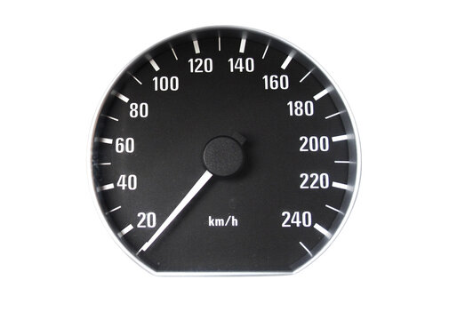 Modern analog car speedometer isolated on transparent background, black vehicle dashboard gauge with km/h scale up to 240, automotive performance asset.