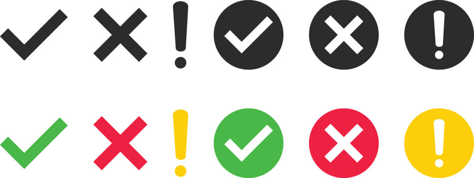Status Indicator Symbols. Checkmark Exclamation and Cross Icon Set. Tick mark and alert icons. Validation and notification sign. Success warning and error symbols.
