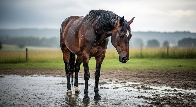 Resilient brown horse stands patiently in a muddy field, its coat glistening with rain droplets during a soft, overcast downpour.