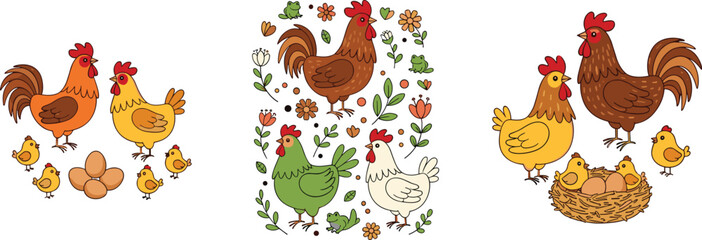 Farm chicken family vector set with rooster hen chicks eggs and nest cute rural animals collection for agriculture design and countryside illustration © MdNazmul