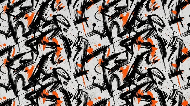 Dynamic Graffiti Art Pattern, Bold Black Ink Strokes, Vibrant Orange Accents, Urban Abstract Design, Modern Grunge Texture, Seamless Repeat Background for Digital and Print