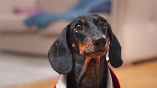 Black dachshund dog wearing a red outfit staring upward with large soulful eye in a warm indoor setting, emotional animal expression, pleading pet character, adorable dog moment