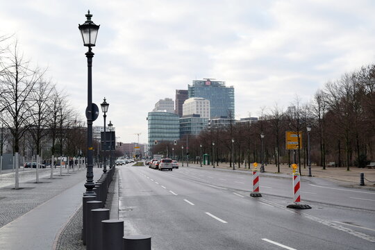View of Ebertstrasse towards Potsdamer Platz with Deutsche Bahn tower and Kollhoff Tower, Berlin, Germany, 2016