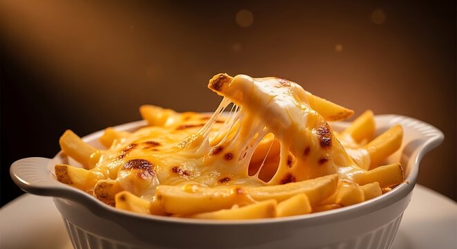 Delicious baked mac and cheese pasta dish with melted cheesy golden brown crispy topping served hot in ceramic bowl on table