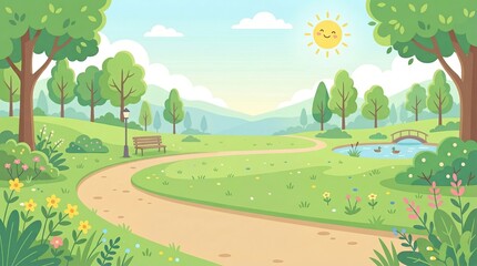 Fototapeta premium Sunny public park landscape illustration with winding path, green trees, garden flowers, wooden bench and small pond with ducks, cute cartoon outdoor background for kids.