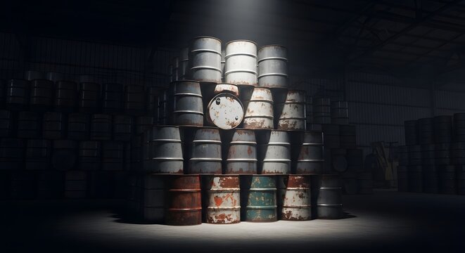 oil barrels stacked in dark warehouse
