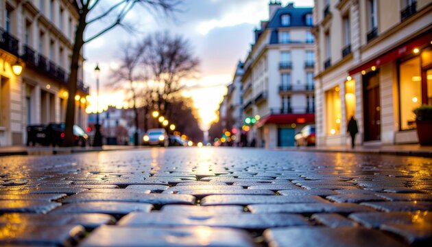 Low angle view of wet cobblestone street in European city at sunset