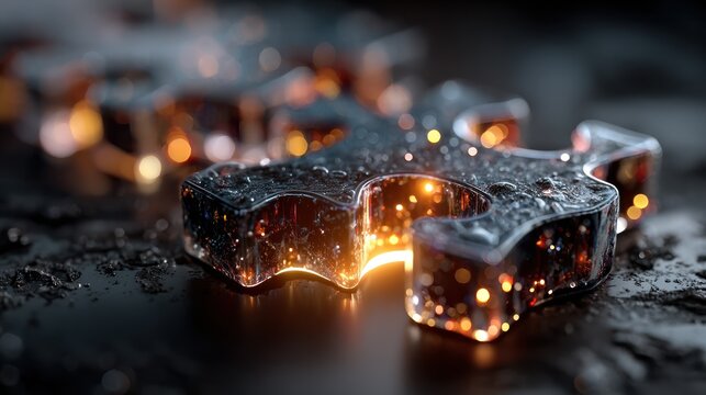 Close-up of glowing puzzle pieces on a textured, reflective surface