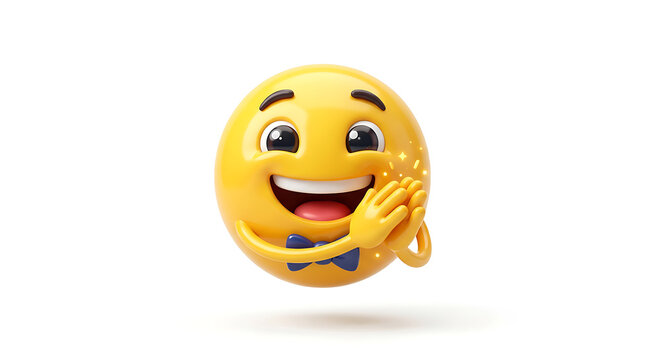 Smiling 3D emoji clapping hands with a blue bow tie, isolated on white