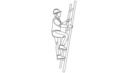 Obraz premium A worker climbing a ladder to install panels on a building facade.