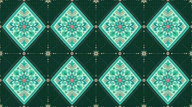 Seamless pattern Vintage emerald green tile pattern, ornate ceramic mosaic, floral damask wallpaper