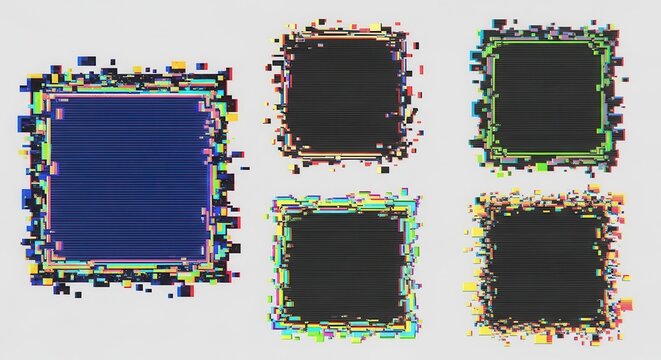 Glitch banner square frames. Colored abstract borders with glitch effect. Vector distorted neon glowing pixelized frames. Isolated no signal TV screens, colored messy or noisy bordering