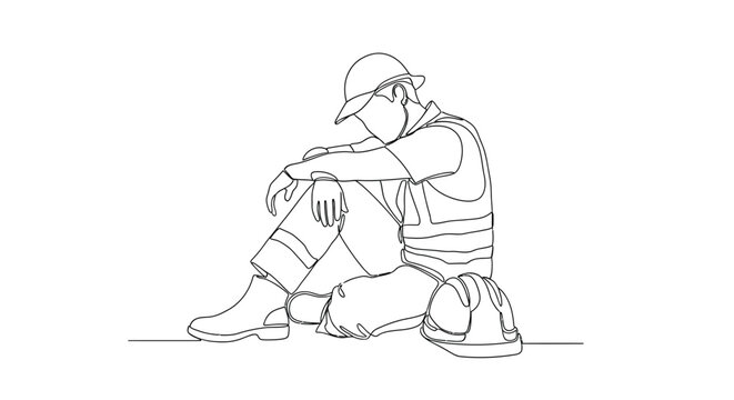 A construction worker sits on the ground, resting and looking sad.