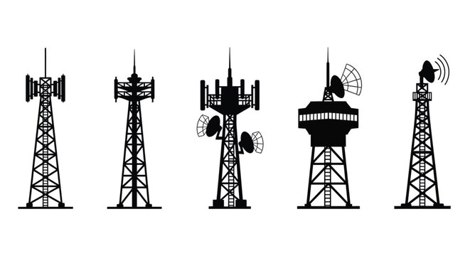 Silhouette collection of diverse telecommunication towers with antennas and dishes against a white background, representing global connectivity and broadcasting infrastructure