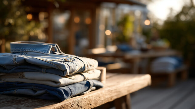 Fashion designer examines upcycled denim garments on wooden table during golden hour, repurposed textile waste creating luxury sustainable clothing collection with visible stitching details, ideal f