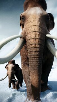 A large woolly mammoth walking with its calf in snow, an epic winter journey through icy prehistoric landscape. Ice age animal. Vertical video