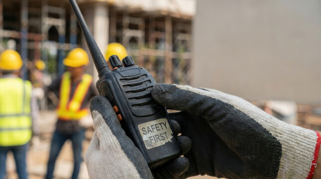 Safety first lockout tagout zero accident radio, gloved hand use walkie talkie construction site with worker helmet supporting safe communication