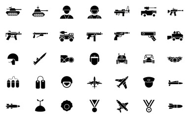 Fototapeta premium Set of Military icon grid, black silhouettes including tank, rifle, jet, and gear, minimalist vector set, white background.