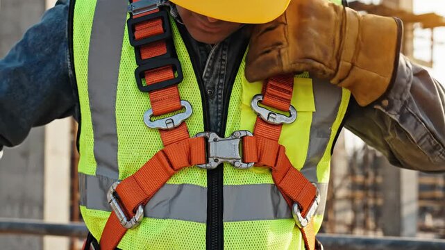 Safety first zero accident lockout tagout construction worker fall protection with safety harness hard hat reflective vest work glove focus on jobsite