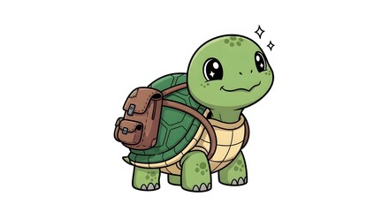 Obraz premium A cute cartoon turtle with a brown leather backpack on its back standing isolated on white background