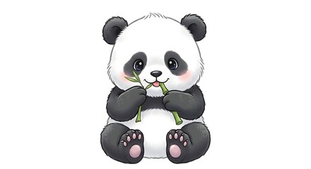 Obraz premium Adorable cartoon panda bear eating bamboo shoots on white background with cute expression