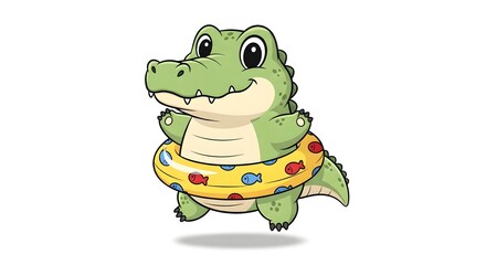Fototapeta premium A cartoon green crocodile wearing a yellow inflatable ring with colorful fish on it isolated on white background
