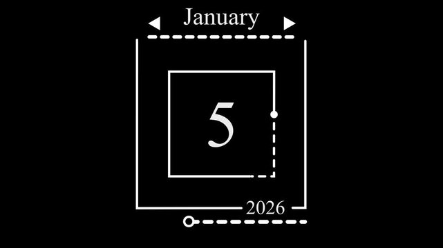 5th January 2026 Calendar Animation, Minimal White Line Graphic on Black