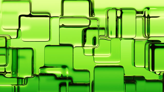 A collection of transparent glass rounded, rectangular shapes in various shades of vibrant emerald and lime green. Futuristic and tech-oriented of a stylized 3D render of abstract digital composition