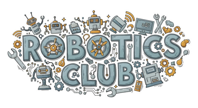 Robotics club logo with gears and tools in blue and orange colors for education and technology