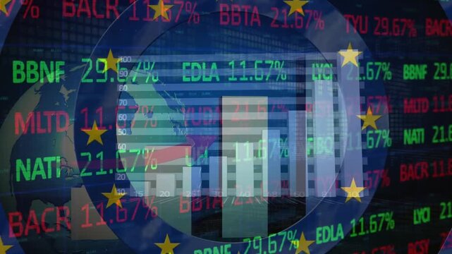 Animation of circles with eu flag over globe and data processing