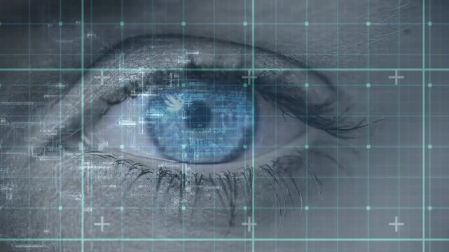 Animation of data processing over caucasian woman's blue eye and grid