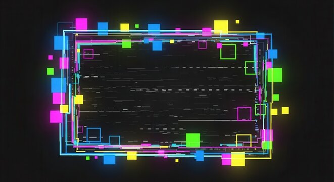 Glitch pixels vector abstract background, distorted glitched colored and neon glowing frame with random pixels. Television distortion with glitch effect, error, no signal tv screen border or backdrop