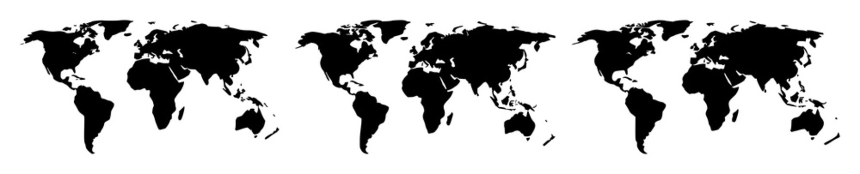 World map icon set with solid black silhouette on white background featuring world map, iconography, graphic design with minimalist and vector