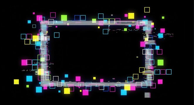 Glitch pixels vector abstract background, distorted glitched colored and neon glowing frame with random pixels. Television distortion with glitch effect, error, no signal tv screen border or backdrop