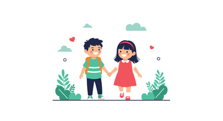 Fototapeta premium Happy boy and girl walking together holding hands and wearing school backpacks surrounded by hearts and plants in a friendly cartoon style.