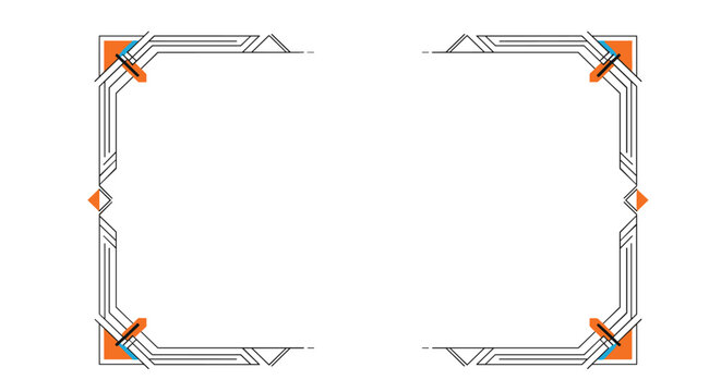 Modern high tech frame design with geometric lines and orange and blue accents creating an industrial or futuristic border layout.